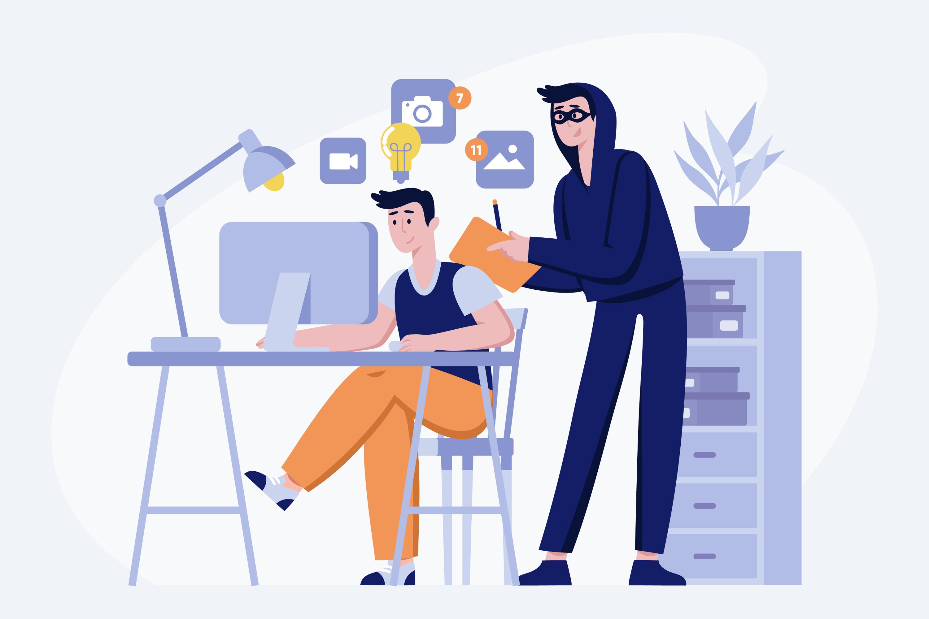 Executive at desk reviewing suspicious email with security officer providing guidance on suspicious sender indicators