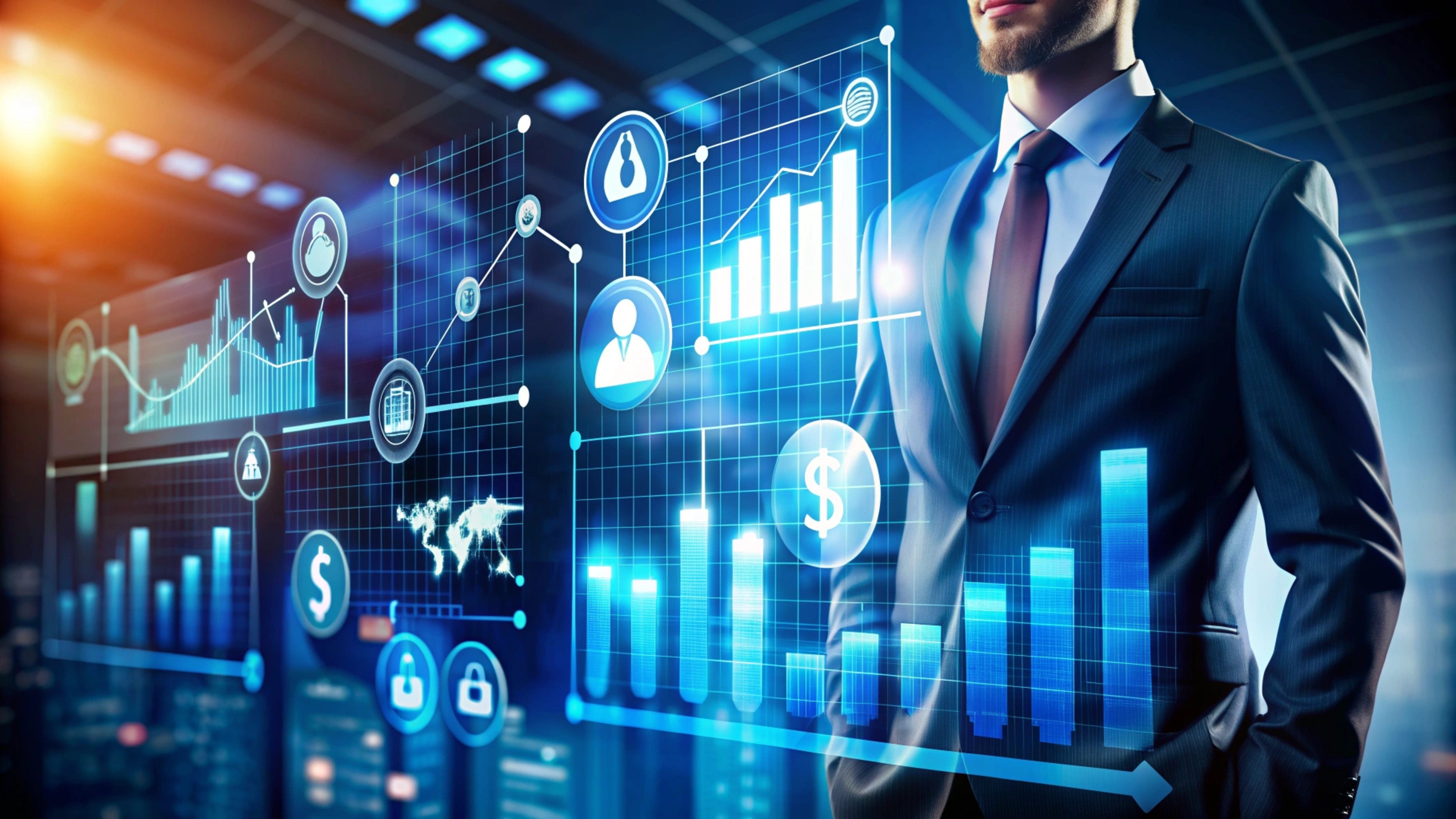 Bank security officer monitoring phishing simulations on a trading floor dashboard with financial data visible on multiple screens