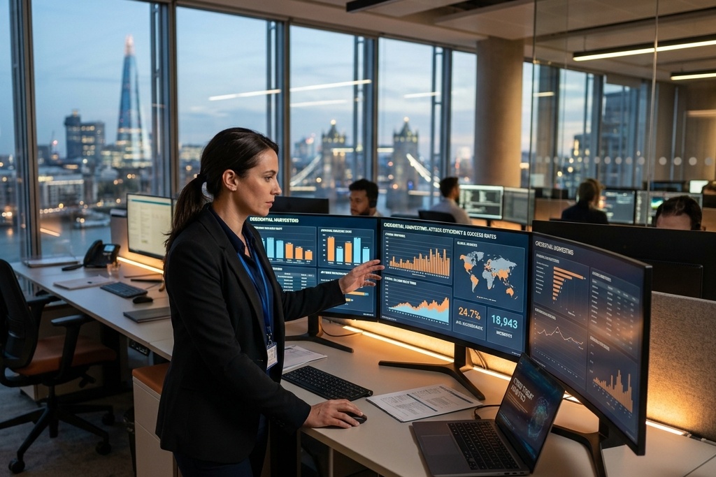 Employee entering credentials on fake Microsoft 365 login page with success rate comparison